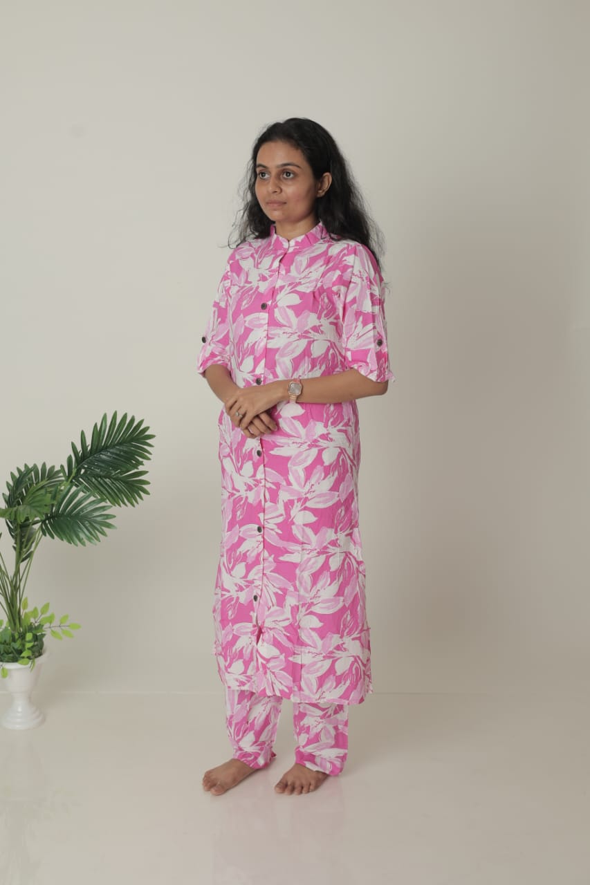 Portrait of a Woman in a Pink Floral Outfit