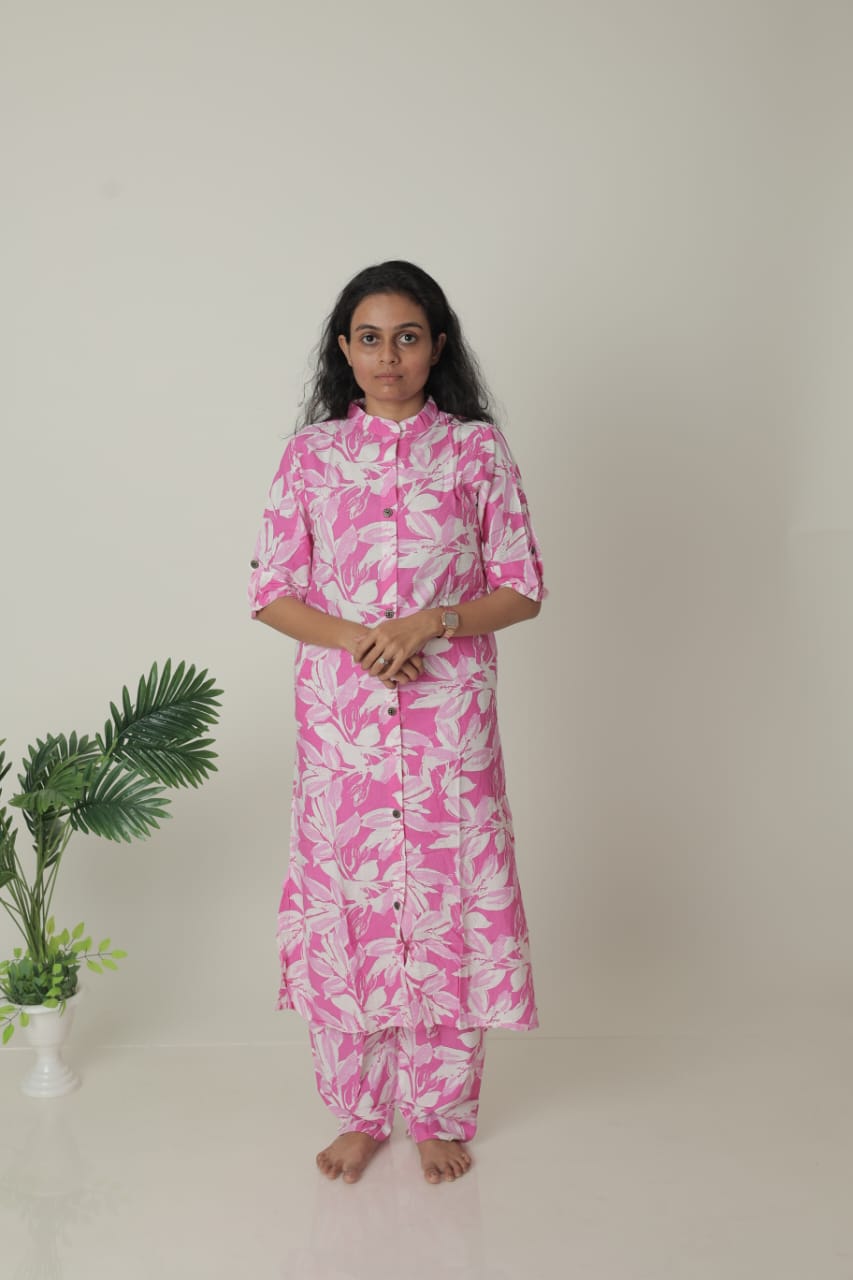Portrait of a Woman in a Pink Floral Outfit