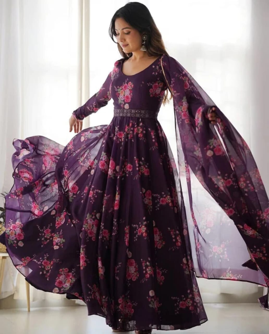 Wine Purple Color Floral Print Soft Organza Silk Kali Cut Anarkali Suit – Fashion Fram
