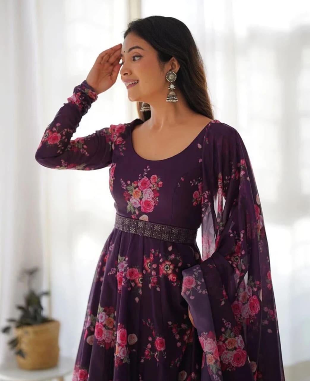 Wine Purple Color Floral Print Soft Organza Silk Kali Cut Anarkali Suit – Fashion Fram
