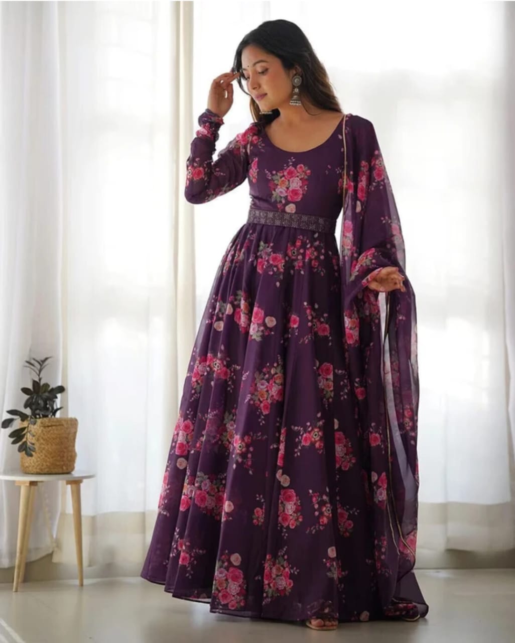 Wine Purple Color Floral Print Soft Organza Silk Kali Cut Anarkali Suit – Fashion Fram