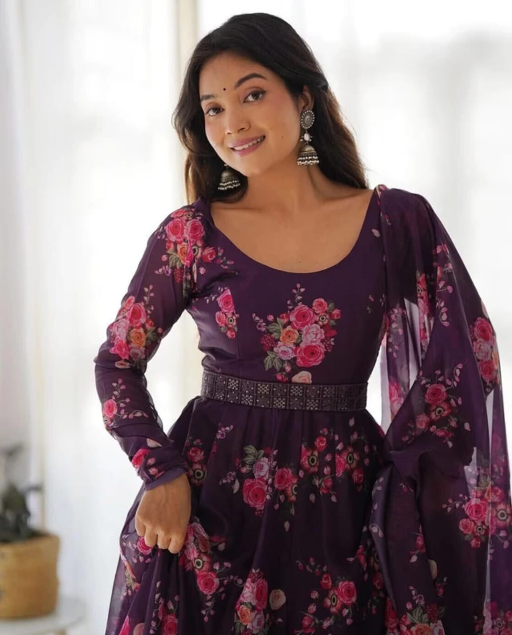 Wine Purple Color Floral Print Soft Organza Silk Kali Cut Anarkali Suit – Fashion Fram