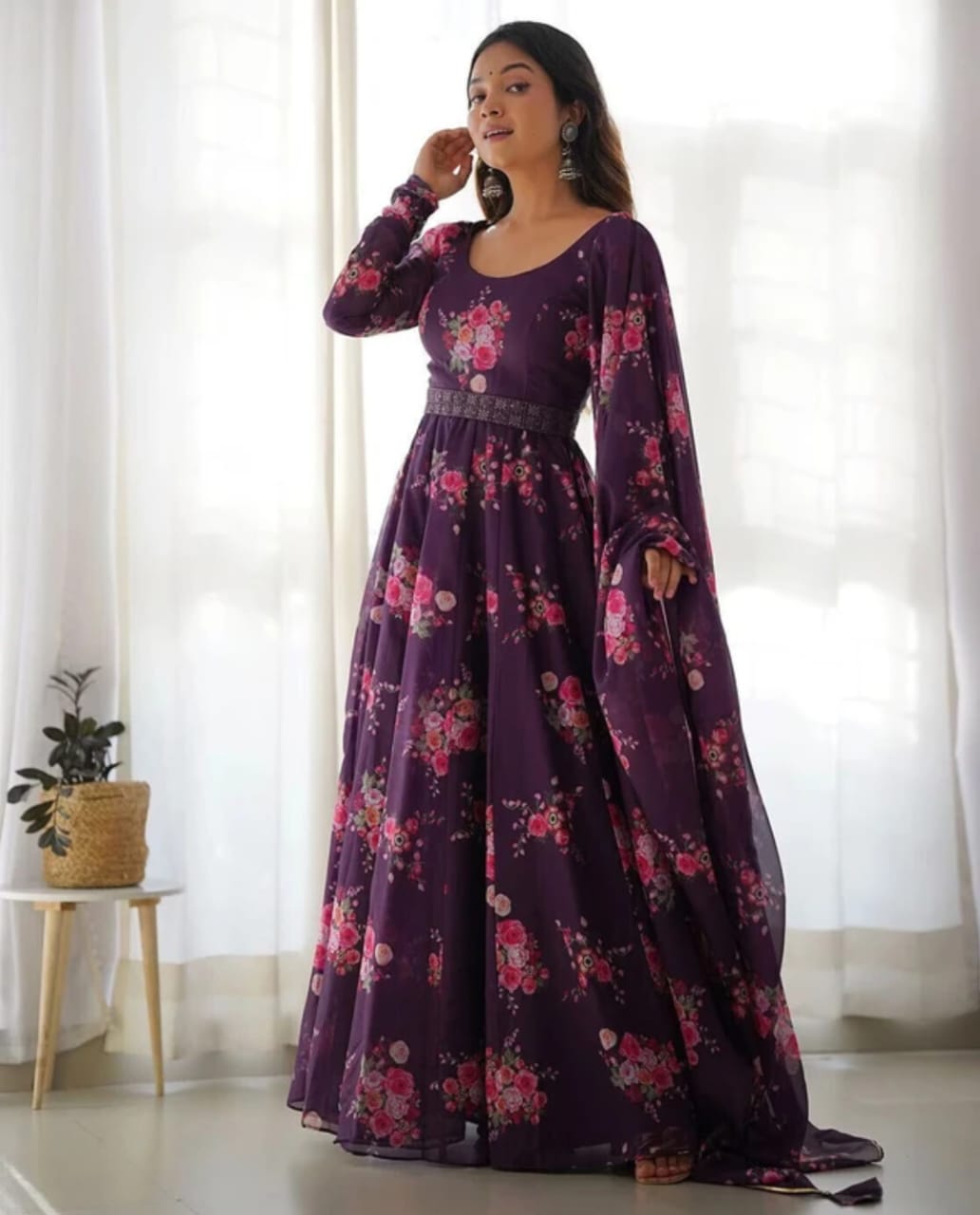 Wine Purple Color Floral Print Soft Organza Silk Kali Cut Anarkali Suit – Fashion Fram
