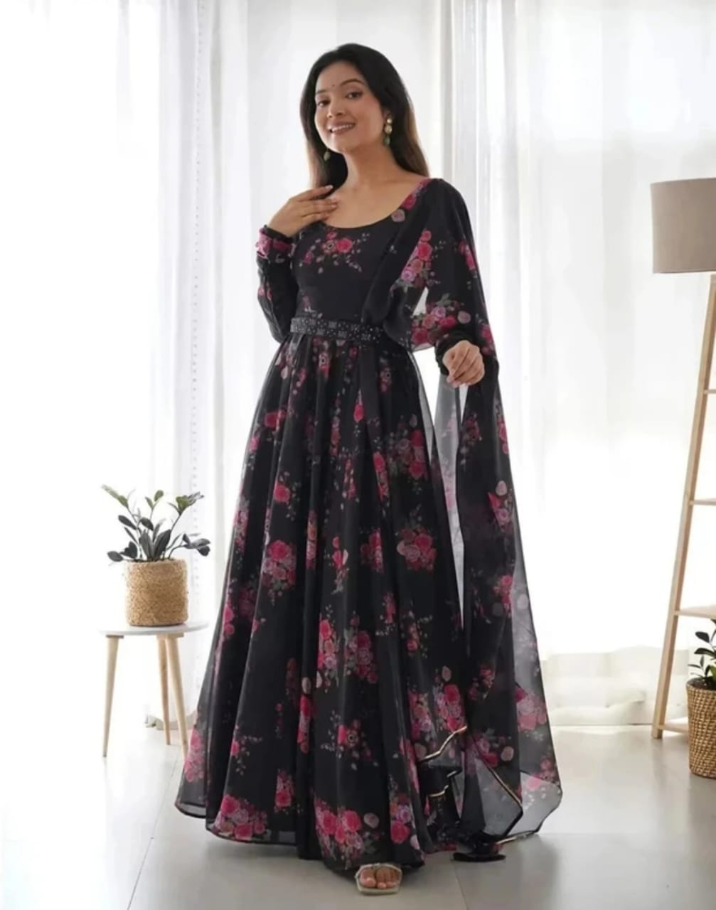 Black Color Floral Print Soft Organza Silk Kali Cut Anarkali Suit